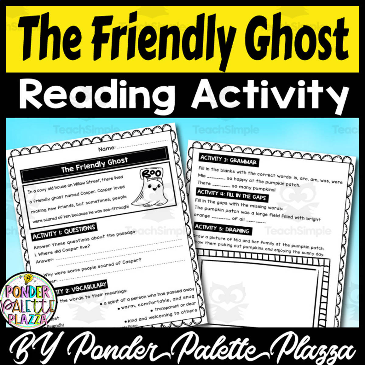 An educational teaching resource from Ponder Palette Plazza entitled The Friendly Ghost Reading Passage - Reading Comprehension Activity downloadable at Teach Simple.