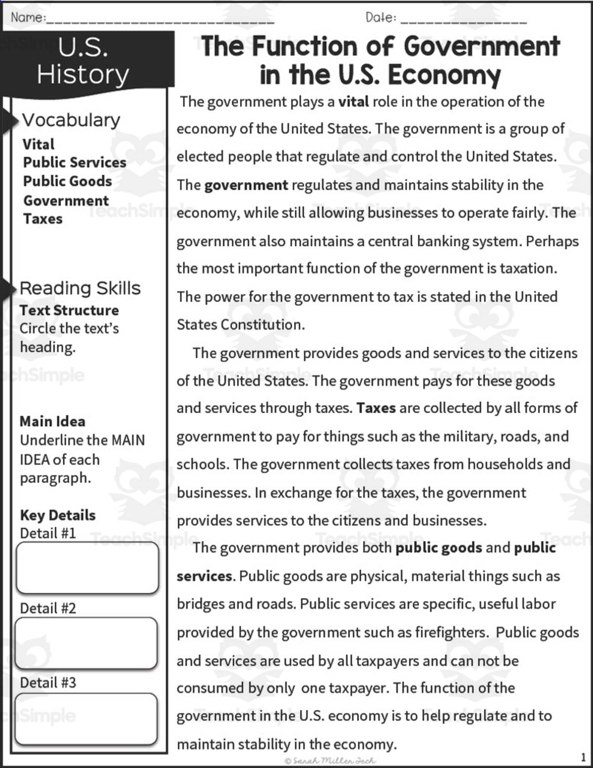 An educational teaching resource from Sarah Miller Tech entitled The Function of Government in the U.S. Economy Reading Packet downloadable at Teach Simple.