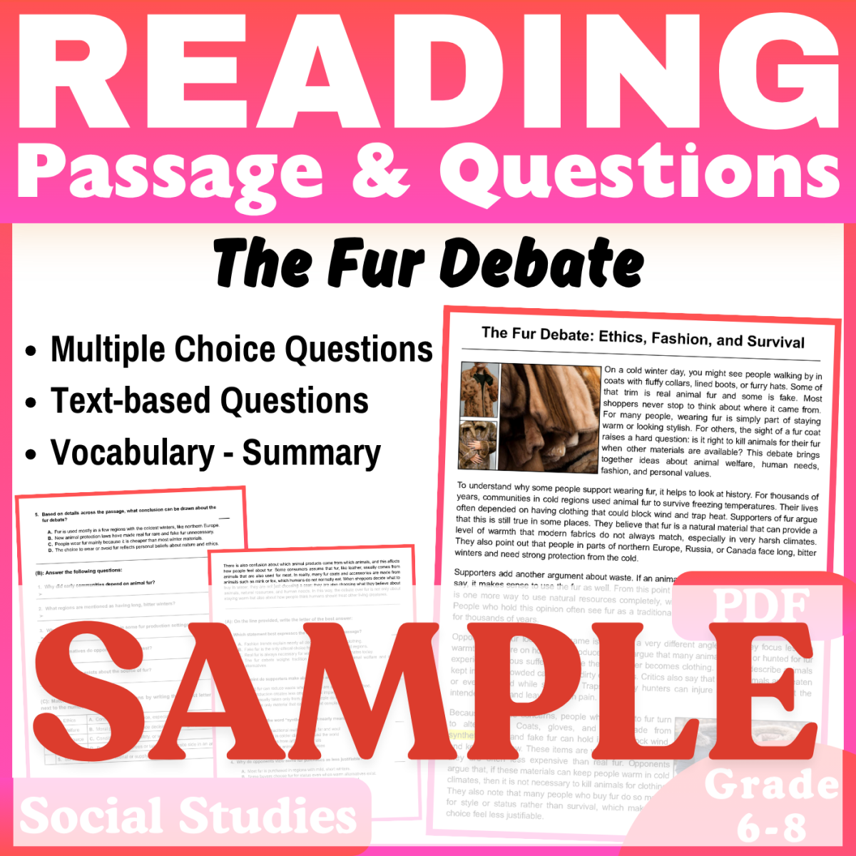 An educational teaching resource from CORED Education - Middle & High School entitled The Fur Debate: SAMPLE Social Studies Reading Comprehension Passage downloadable at Teach Simple.