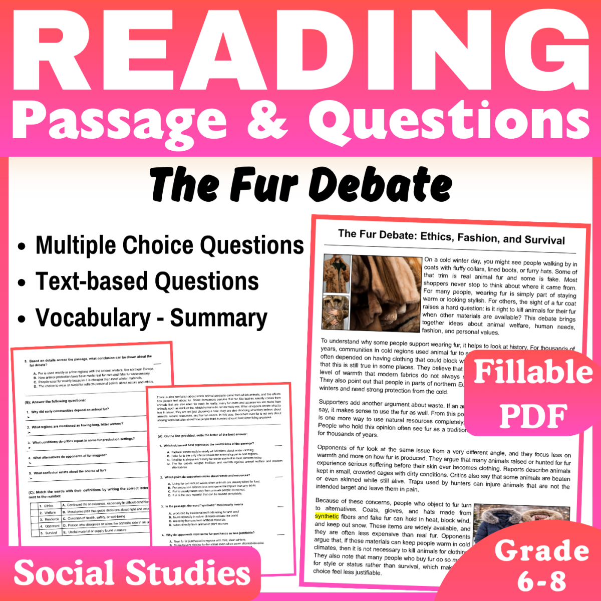 An educational teaching resource from CORED Education - Middle & High School entitled The Fur Debate: Social Studies Reading Passage (Fillable PDF) downloadable at Teach Simple.