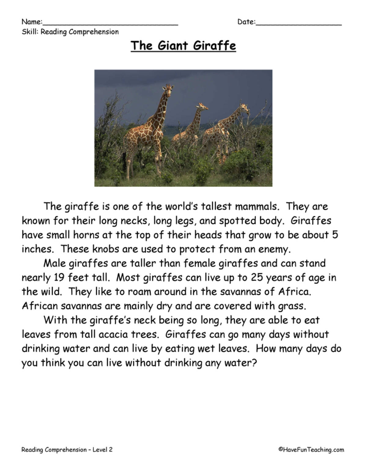 An educational teaching resource from Have Fun Teaching entitled The Giant Giraffe Reading Comprehension Worksheet downloadable at Teach Simple.