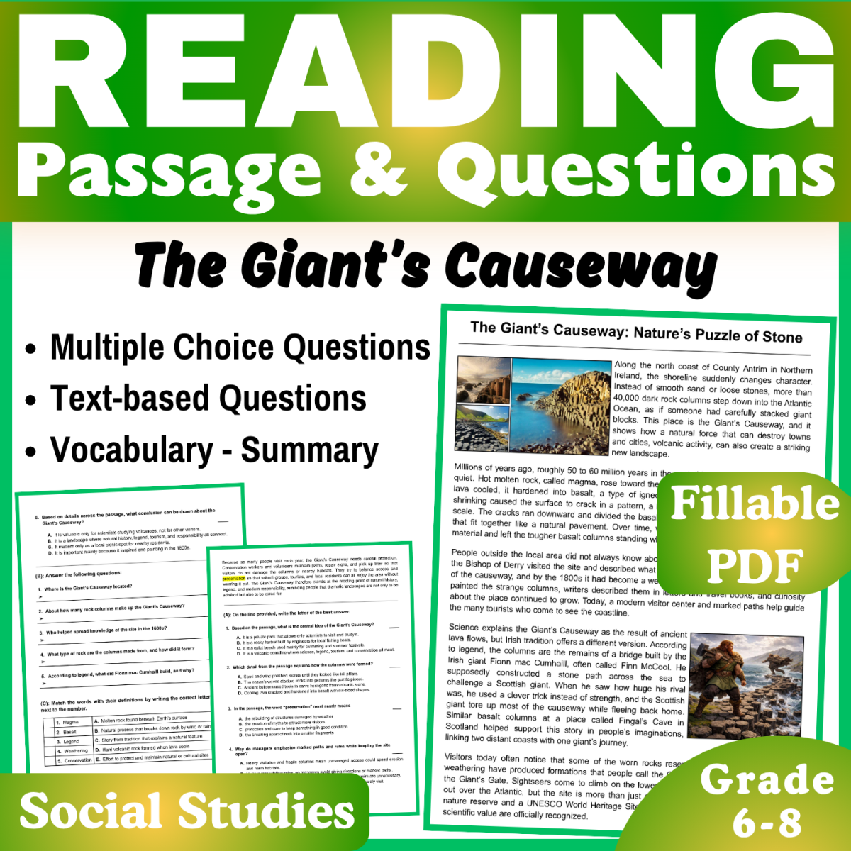 An educational teaching resource from CORED Education - Middle & High School entitled The Giant’s Causeway in Ireland: Social Studies Passage (Fillable PDF) downloadable at Teach Simple.