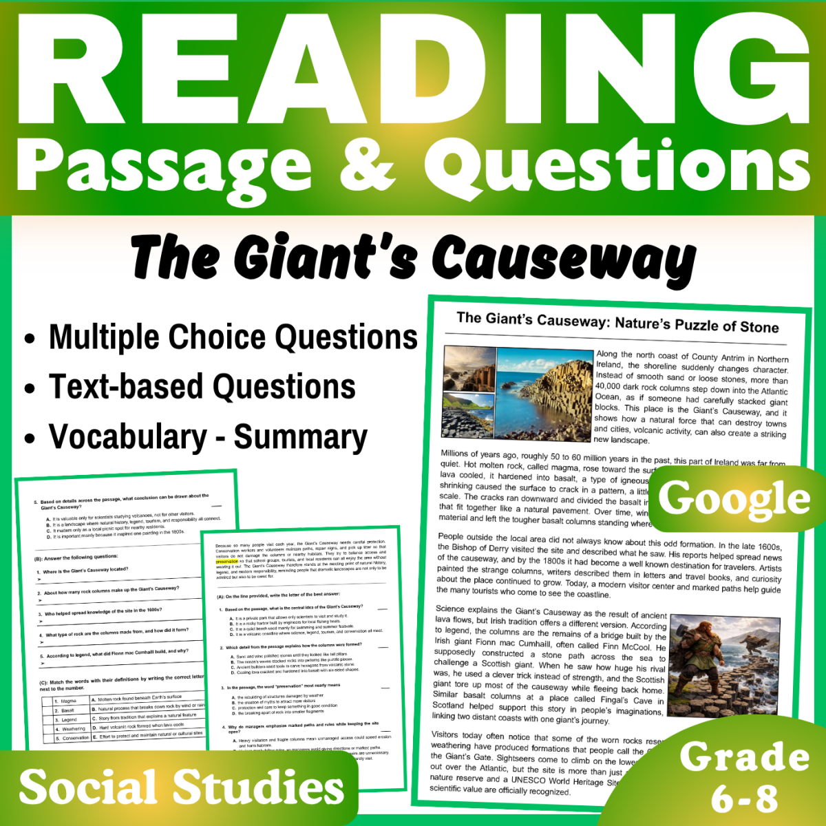 An educational teaching resource from CORED Education - Middle & High School entitled The Giant’s Causeway in Ireland: Social Studies Reading Passage (Docs) downloadable at Teach Simple.