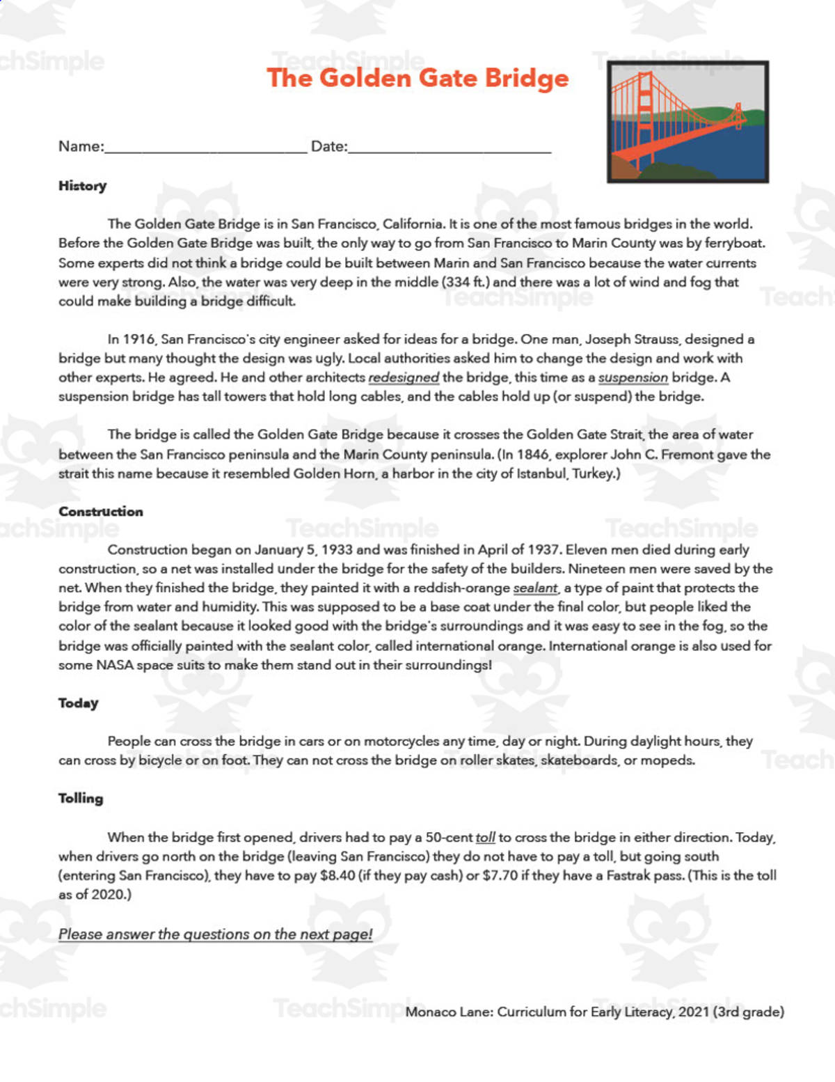 An educational teaching resource from Monaco Lane Curriculum for Early Literacy entitled The Golden Gate Bridge Comprehension Worksheet downloadable at Teach Simple.