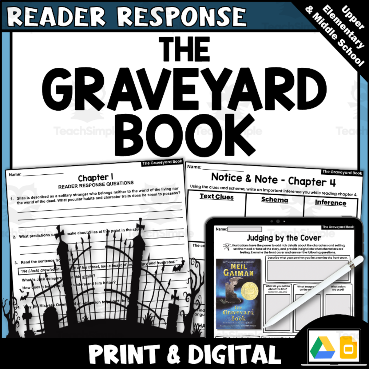 An educational teaching resource from Creatively Gifted entitled The Graveyard Book Novel Study Reader Response Chapter Questions downloadable at Teach Simple.
