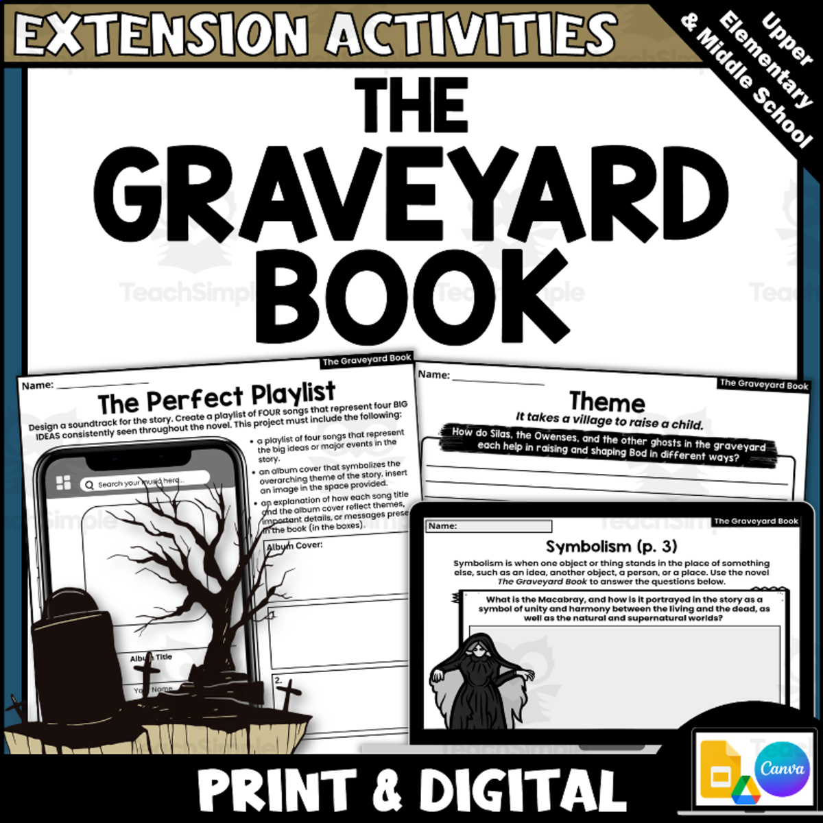 An educational teaching resource from Creatively Gifted entitled The Graveyard Book Theme, Symbolism, & Quote Extension Activities downloadable at Teach Simple.