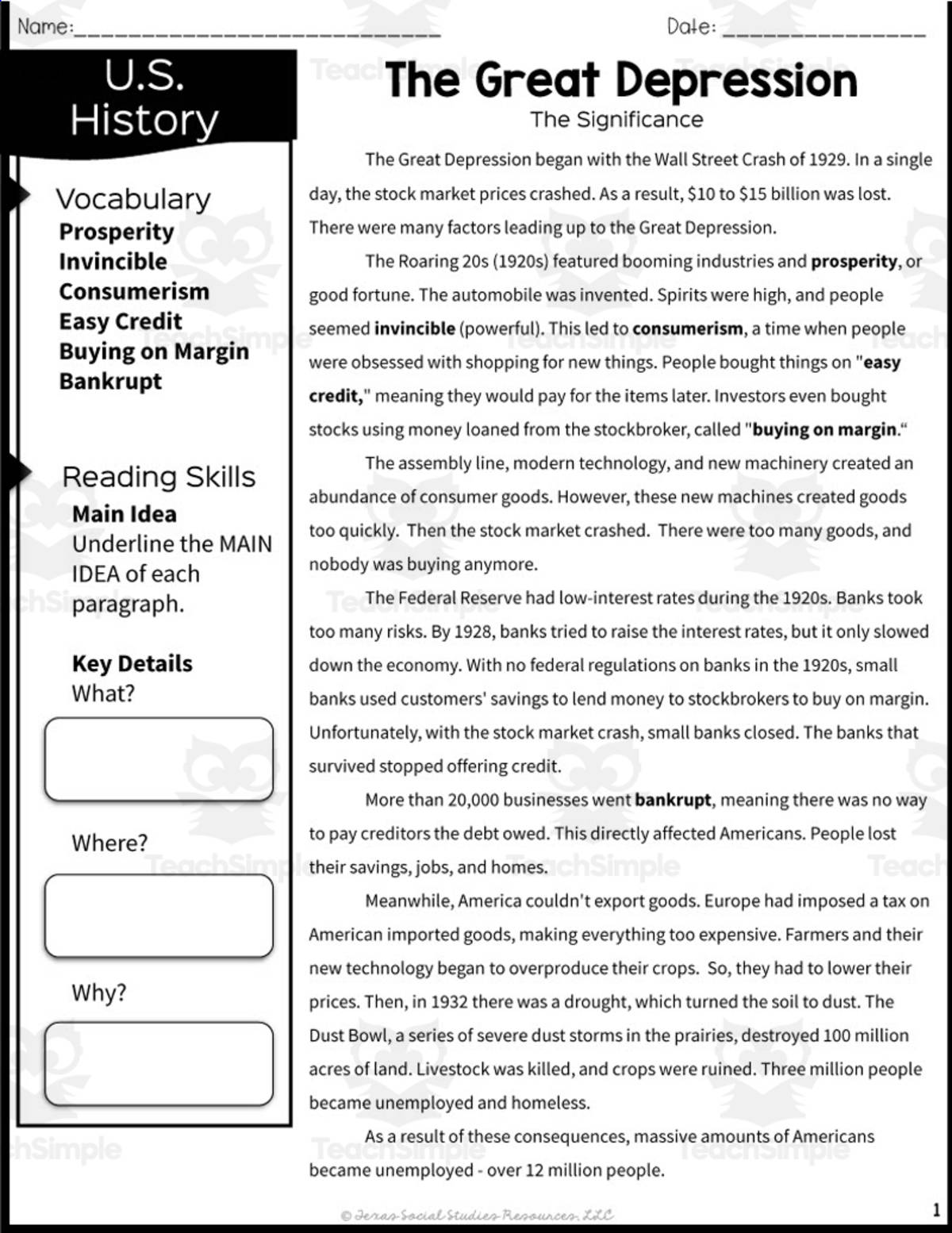 An educational teaching resource from Sarah Miller Tech entitled The Great Depression Reading Packet | Texas Social Studies downloadable at Teach Simple.