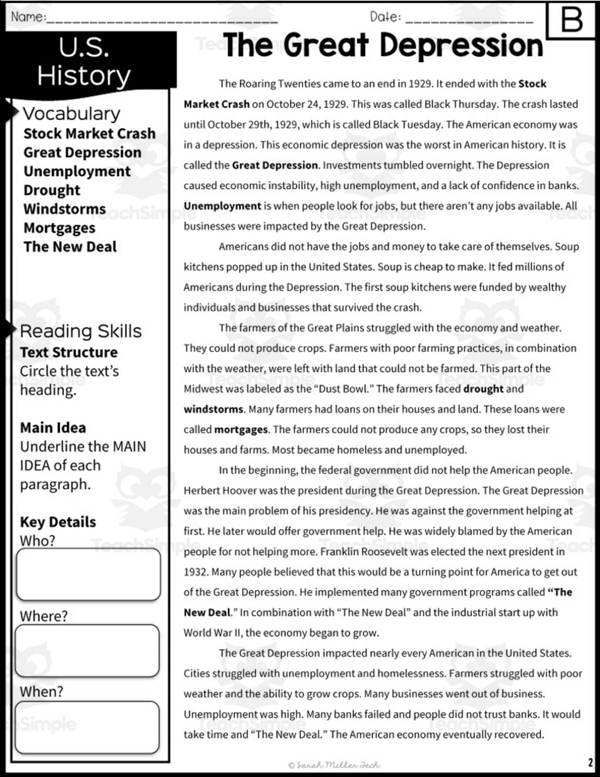 An educational teaching resource from Sarah Miller Tech entitled The Great Depression – Reading Packet & Worksheets downloadable at Teach Simple.