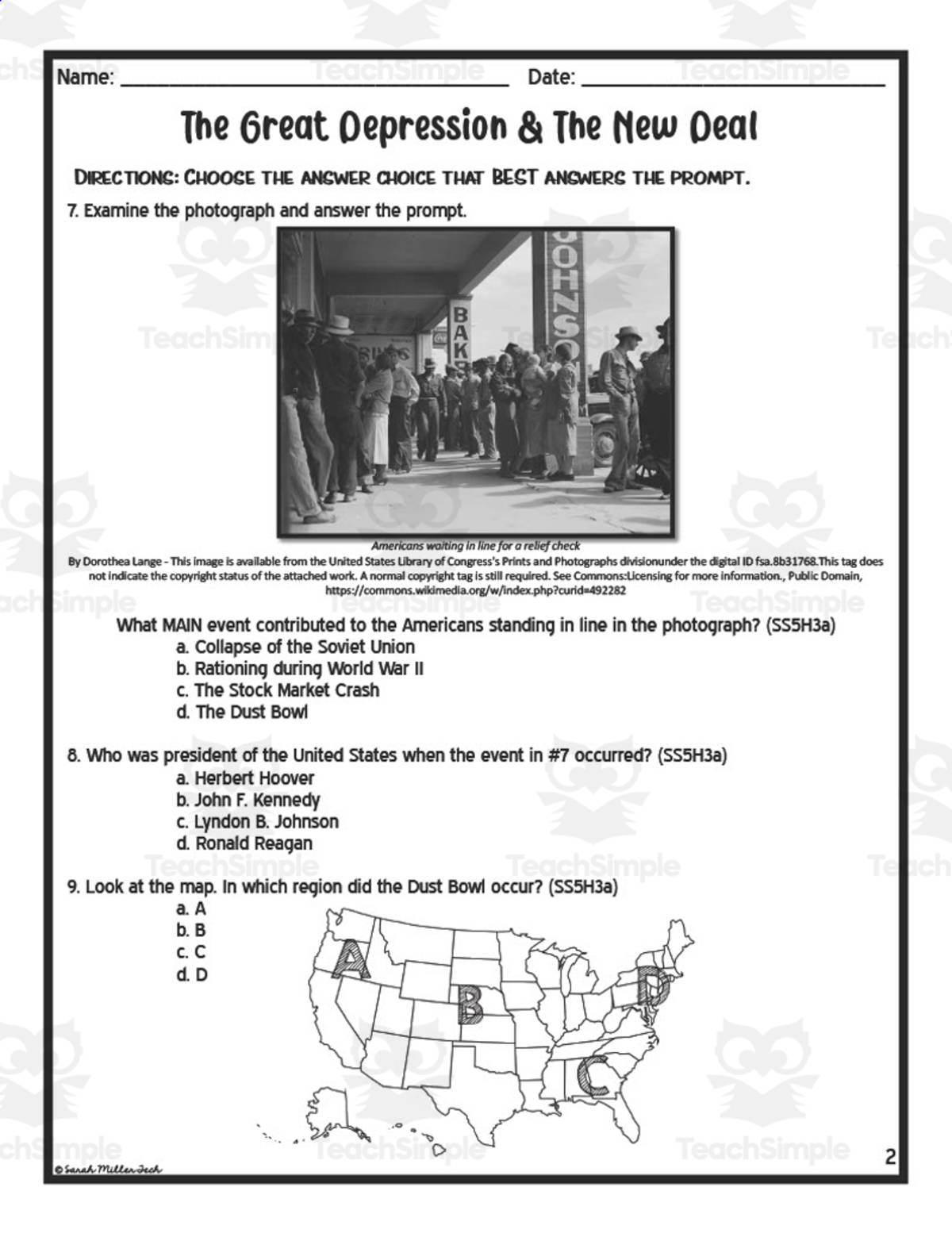 An educational teaching resource from Sarah Miller Tech entitled The Great Depression + The New Deal Assessment Study Guide downloadable at Teach Simple.
