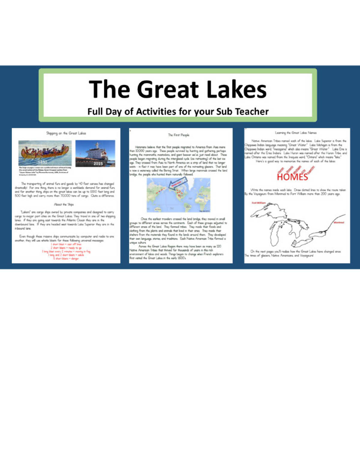 An educational teaching resource from Subplanners by Jean Snowden entitled The Great Lakes: Full Day Substitute Plans downloadable at Teach Simple.
