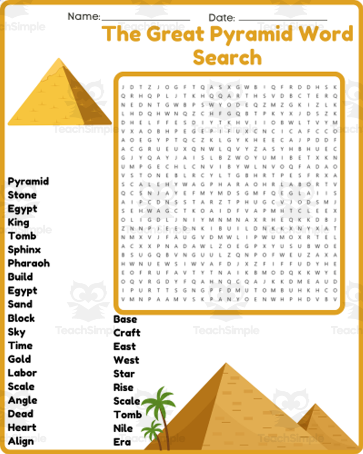 An educational teaching resource from space shope entitled The Great Pyramid word Search Worksheet Activities downloadable at Teach Simple.