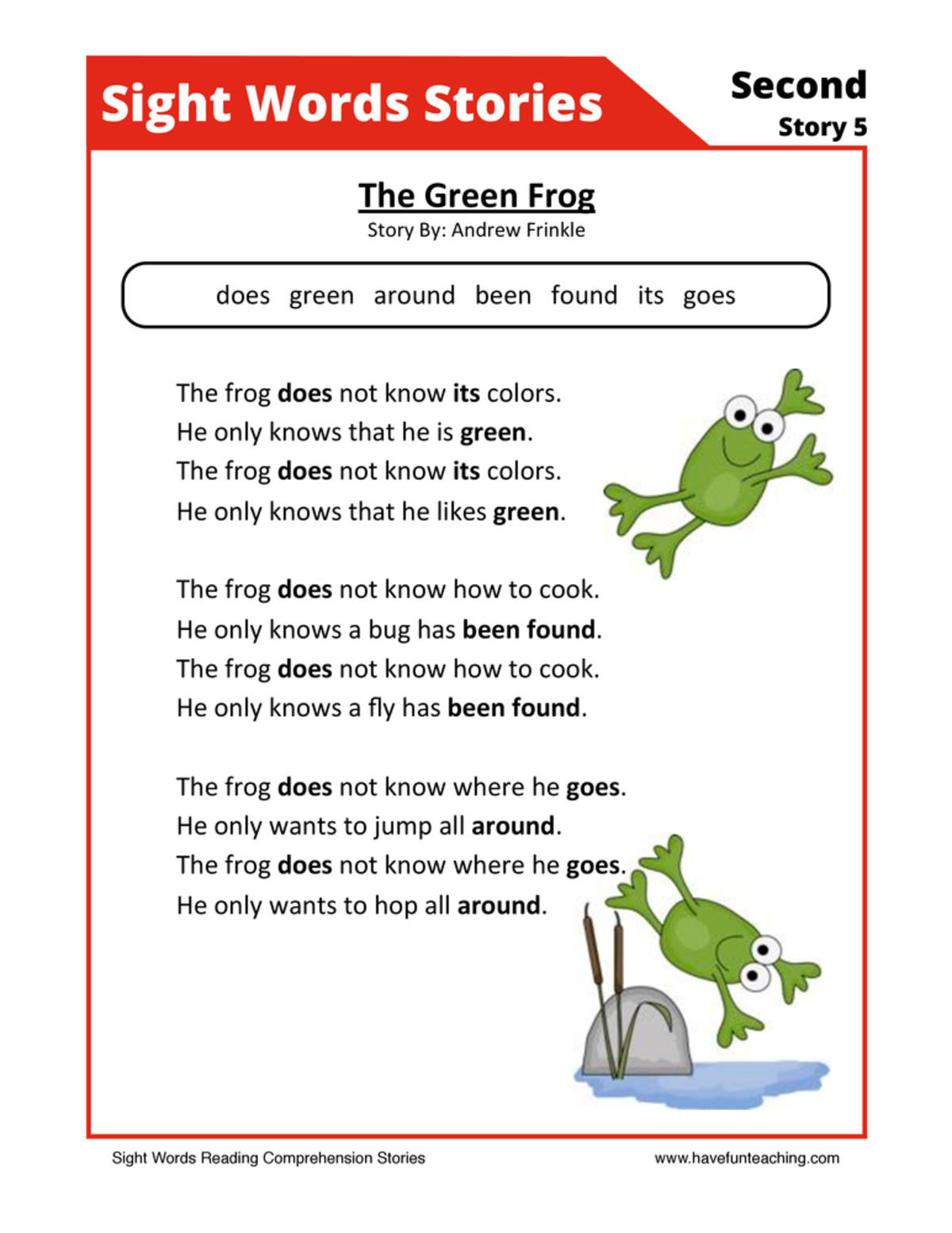 An educational teaching resource from Have Fun Teaching entitled The Green Frog Second Sight Words Reading Comprehension Worksheet downloadable at Teach Simple.