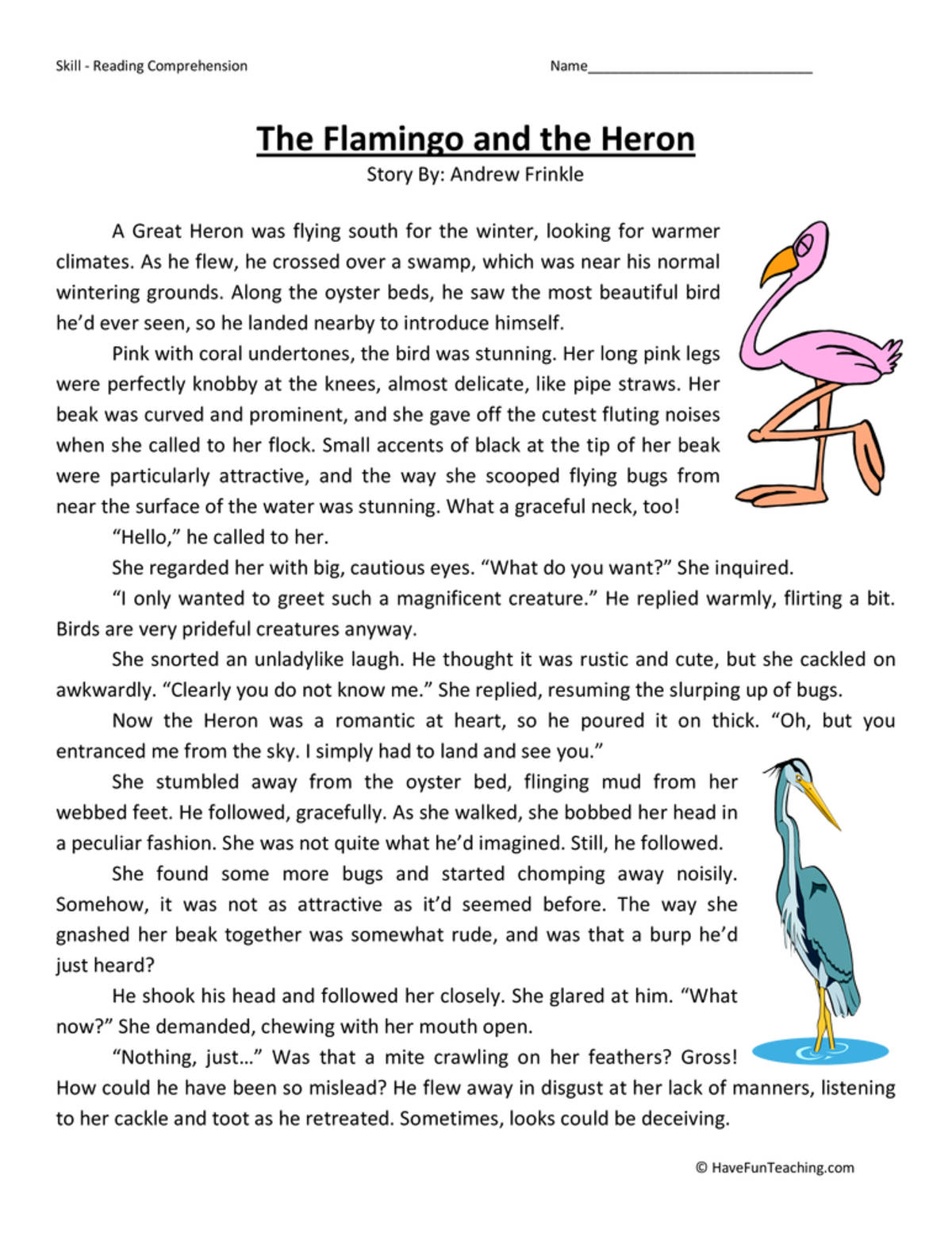 An educational teaching resource from Have Fun Teaching entitled The Heron and the Flamingo Reading Comprehension Worksheet downloadable at Teach Simple.