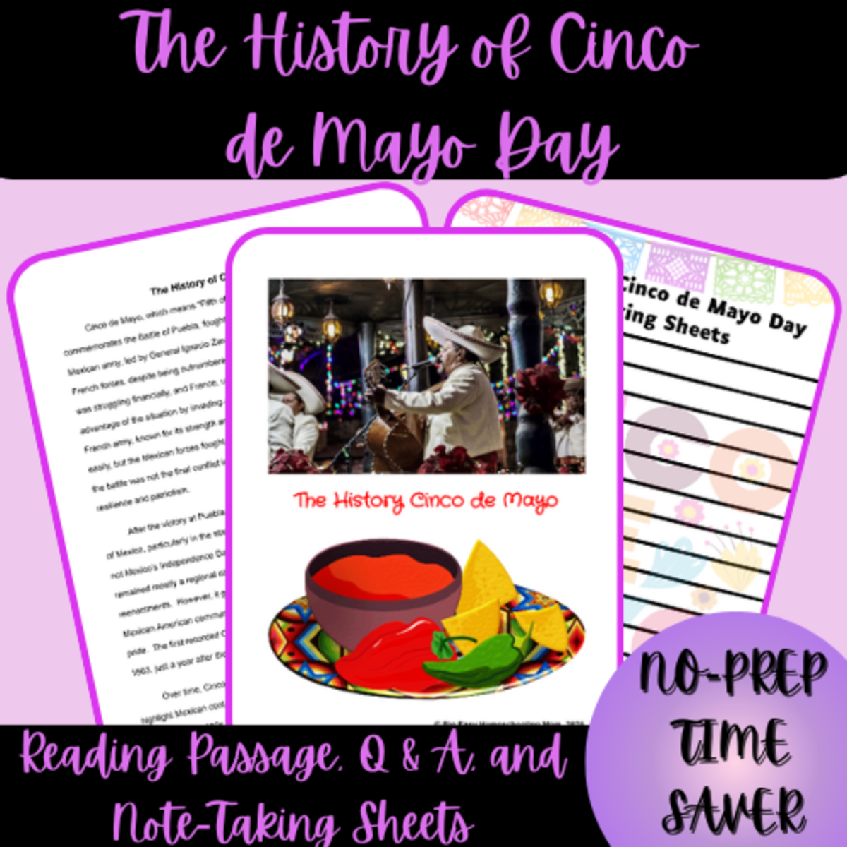 An educational teaching resource from Homeschool with Big Easy Homeschooling Mom entitled The History of Cinco de Mayo Reading Passage, Q & A, and Note-Taking downloadable at Teach Simple.