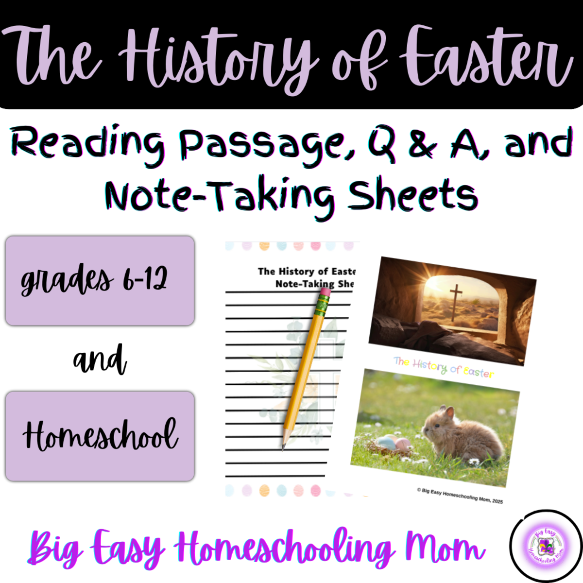 An educational teaching resource from Homeschool with Big Easy Homeschooling Mom entitled The History of Easter Reading Passage, Q & A, and Note-Taking Sheets downloadable at Teach Simple.