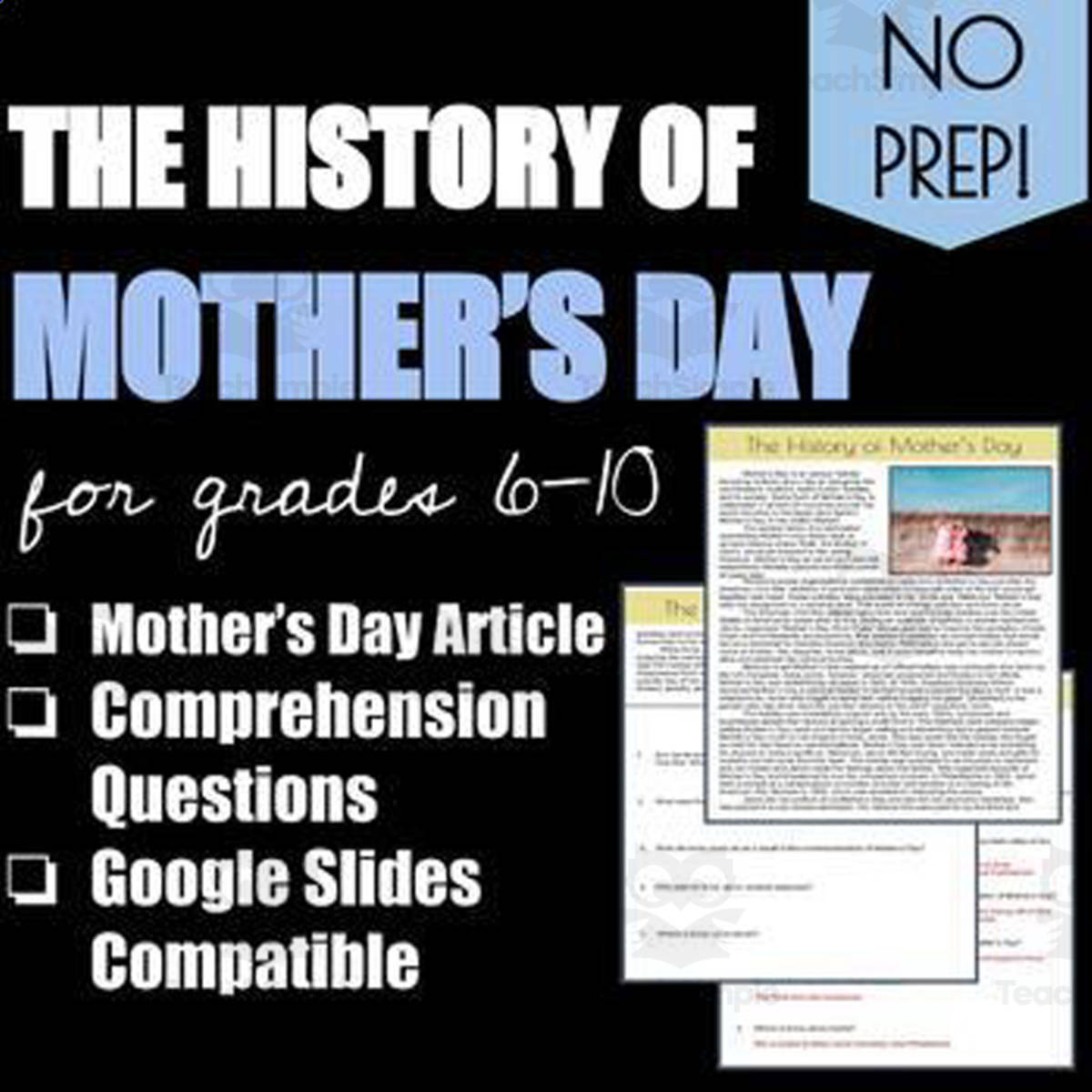 An educational teaching resource from The Comprehensive Teacher entitled The History of Mother's Day Reading Article + Questions downloadable at Teach Simple.