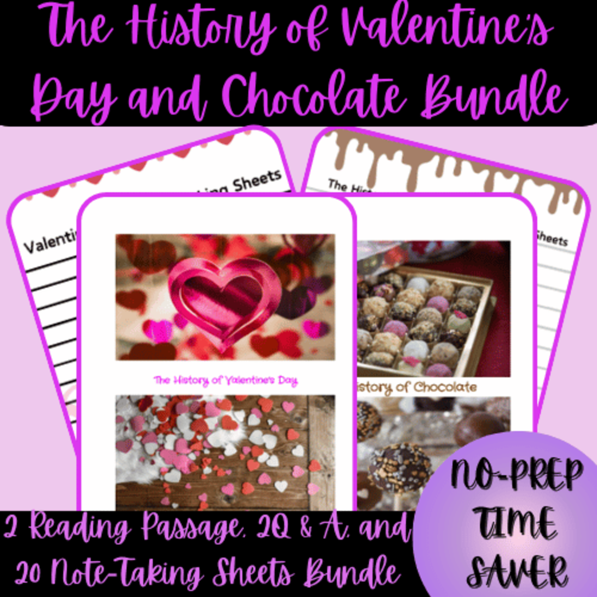 An educational teaching resource from Homeschool with Big Easy Homeschooling Mom entitled The History of Valentine's Day & Chocolate Reading Passage Bundle downloadable at Teach Simple.