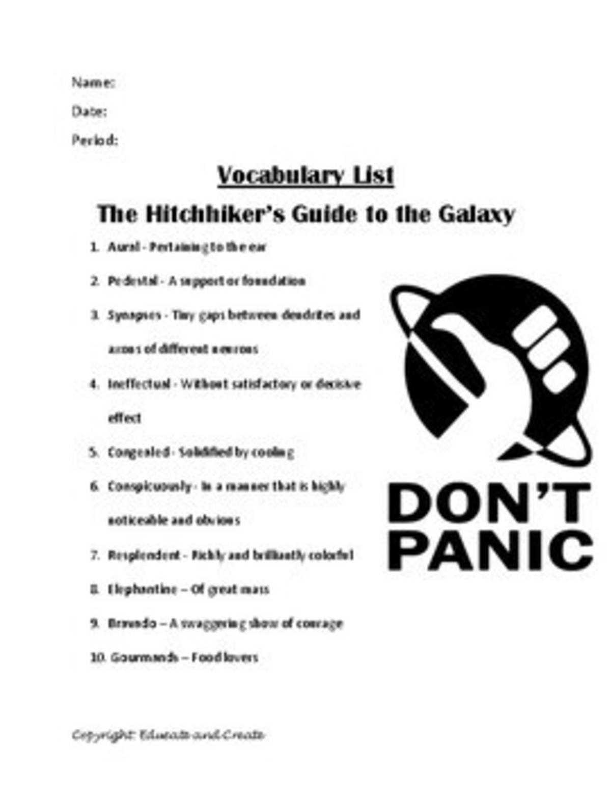 An educational teaching resource from Educate and Create entitled The Hitchhiker's Guide to the Galaxy Vocabulary downloadable at Teach Simple.