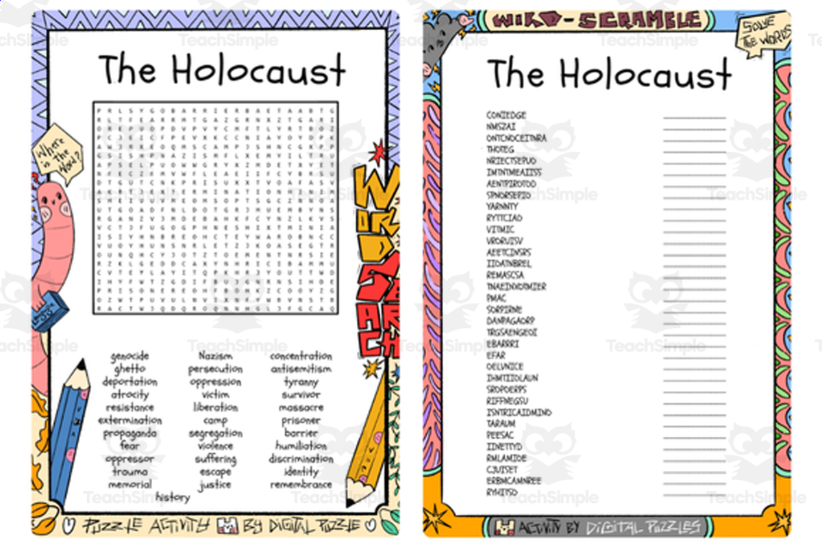 An educational teaching resource from Lapiiin Art Activities entitled The Holocaust word search & scramble downloadable at Teach Simple.