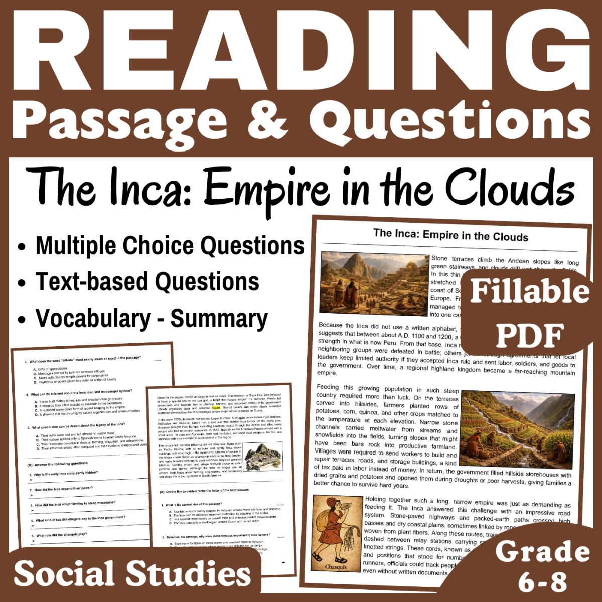 An educational teaching resource from CORED Education - Middle & High School entitled The Inca: Social Studies Reading Comprehension Passage. Fillable PDF downloadable at Teach Simple.