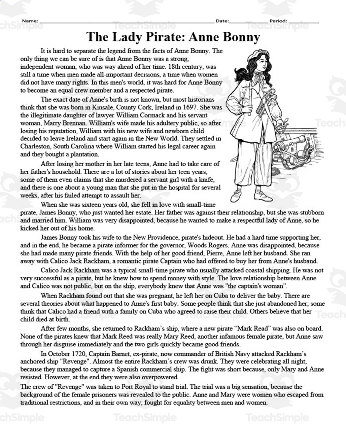 An educational teaching resource from DrDrew entitled The Lady Pirate: Anne Bonny Biography | Comprehension Questions downloadable at Teach Simple.