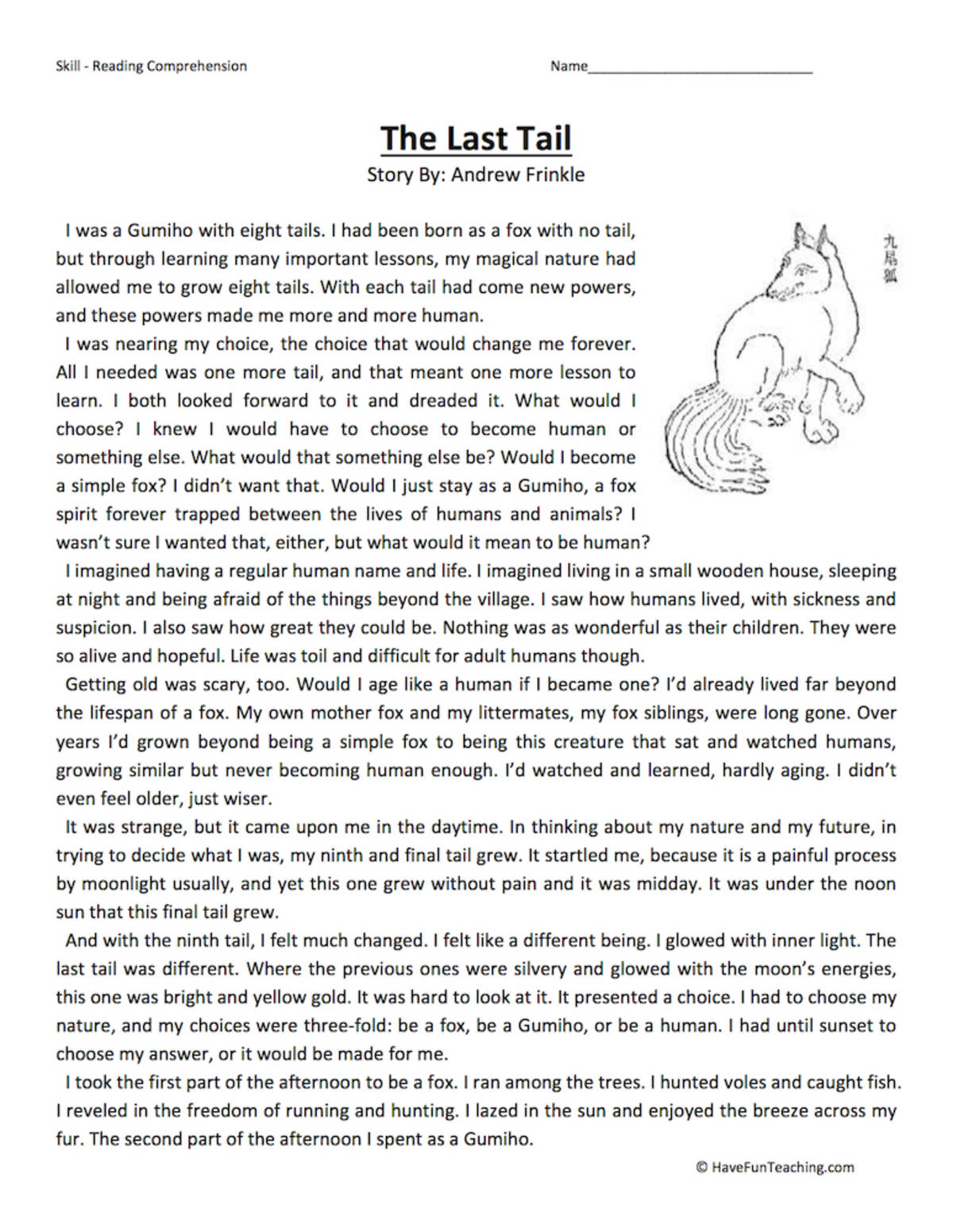 An educational teaching resource from Have Fun Teaching entitled The Last Tail Reading Comprehension Worksheet downloadable at Teach Simple.