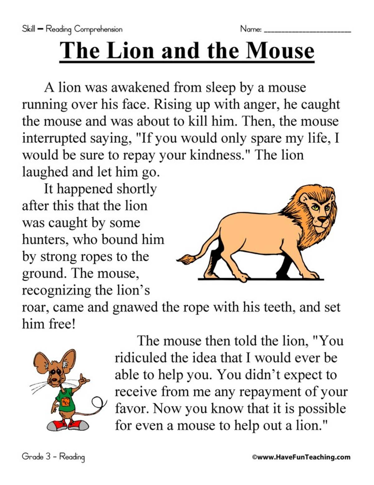 An educational teaching resource from Have Fun Teaching entitled The Lion and the Mouse Reading Comprehension Worksheet downloadable at Teach Simple.