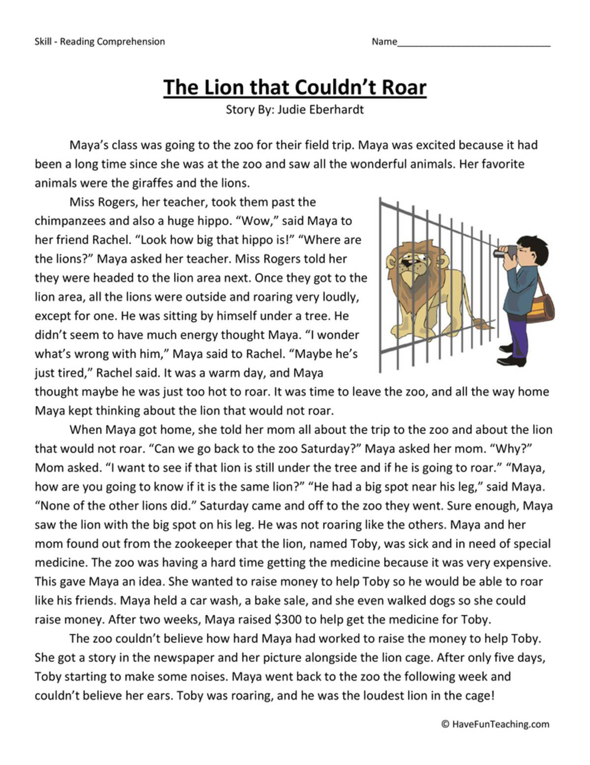 An educational teaching resource from Have Fun Teaching entitled The Lion that Couldn't Roar Reading Comprehension Worksheet downloadable at Teach Simple.