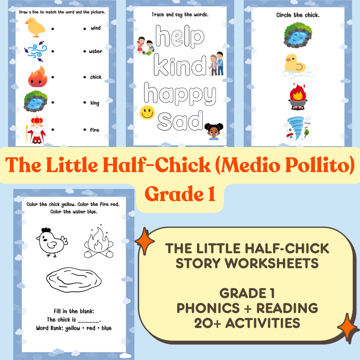 An educational teaching resource from Cutie worksheets986 entitled The Little Half-Chick (Medio Pollito) Worksheets for Grade 1 downloadable at Teach Simple.