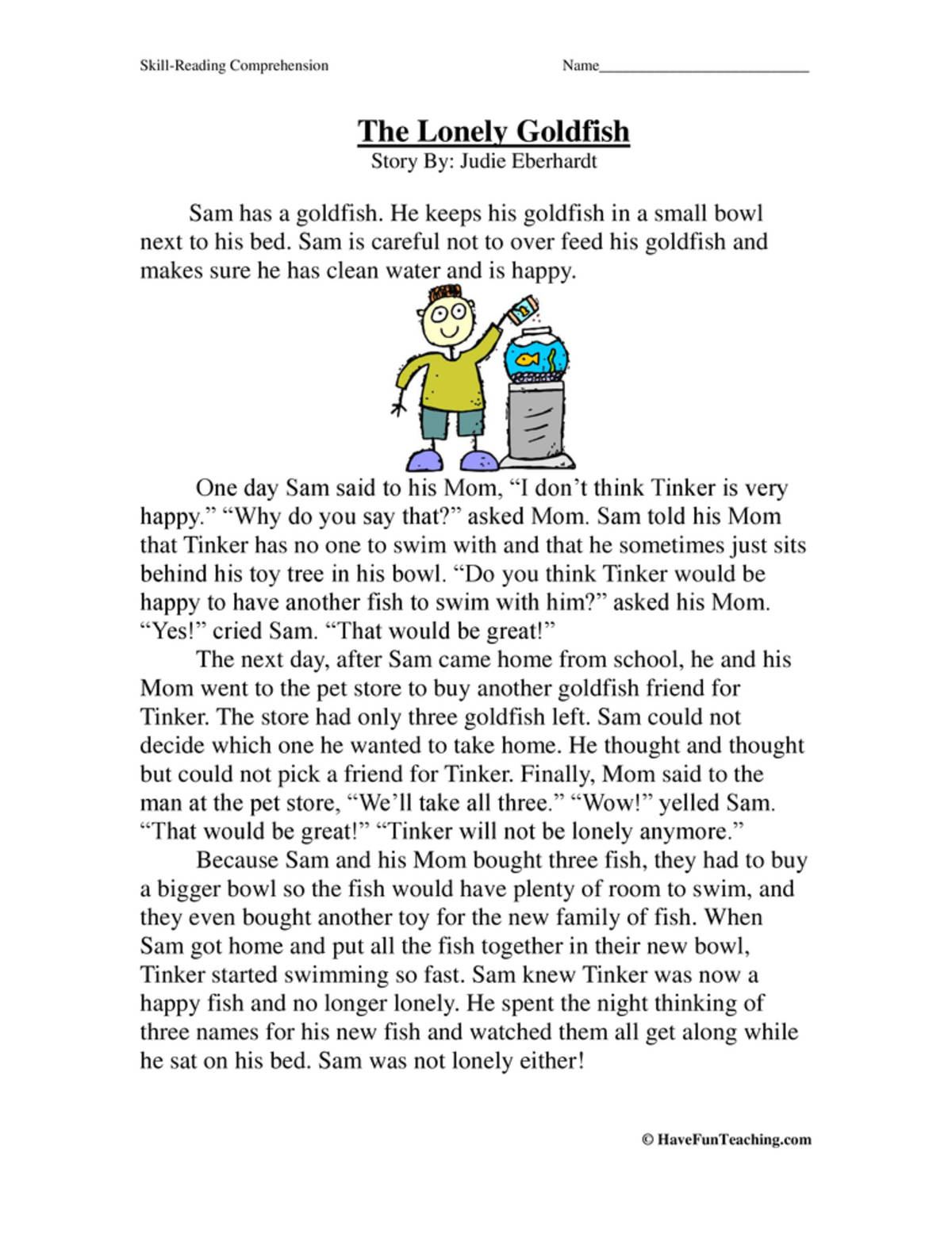 An educational teaching resource from Have Fun Teaching entitled The Lonely Goldfish Reading Comprehension Worksheet downloadable at Teach Simple.