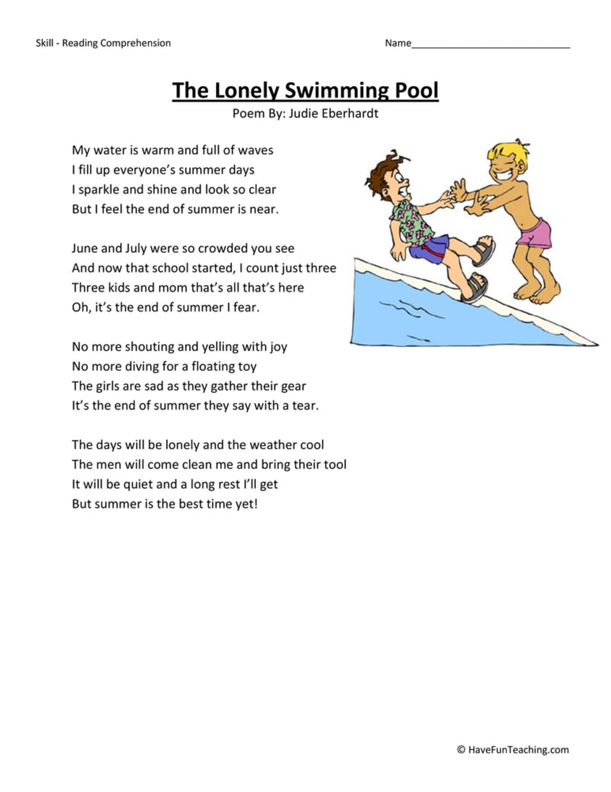 An educational teaching resource from Have Fun Teaching entitled The Lonely Swimming Pool Reading Comprehension Worksheet downloadable at Teach Simple.
