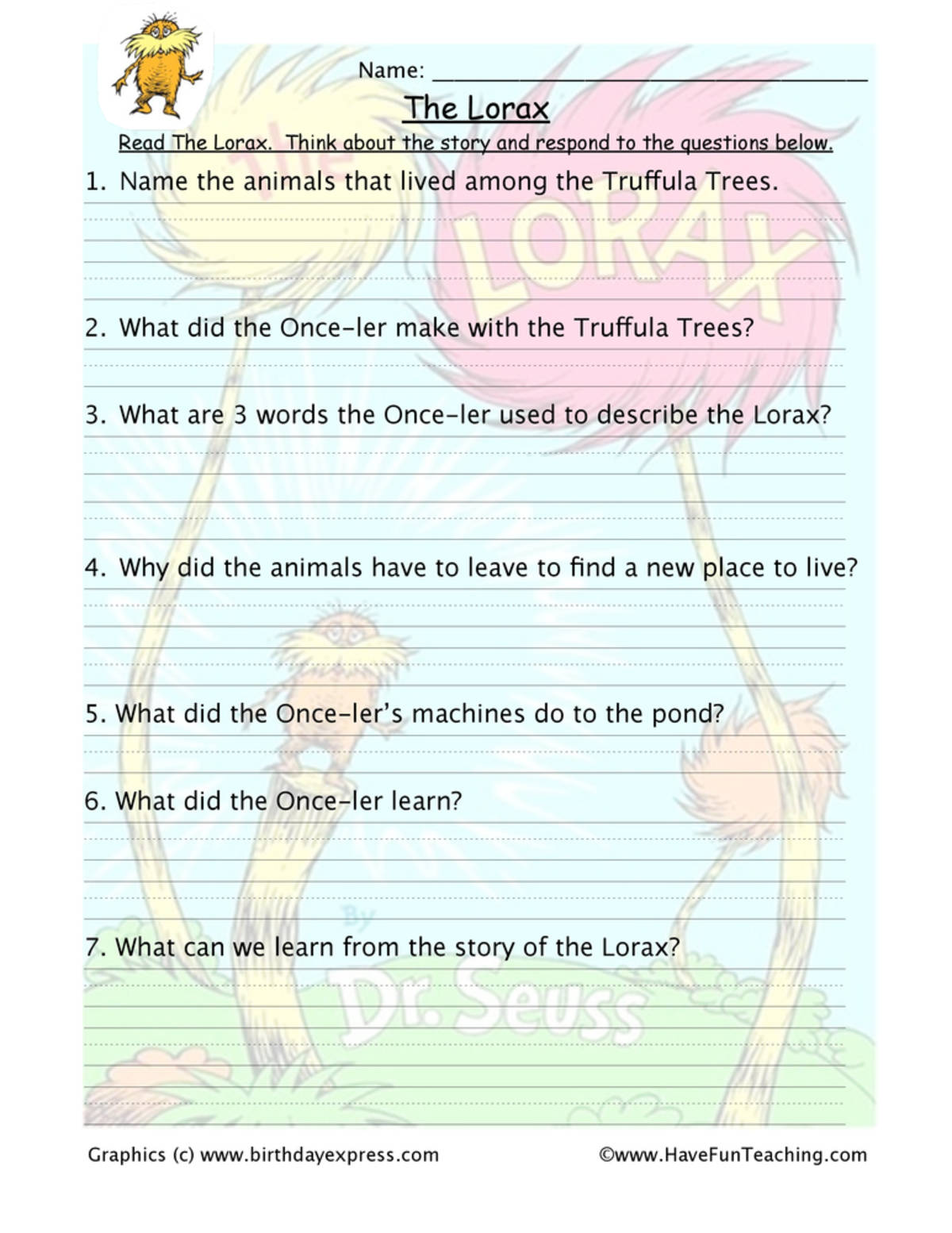An educational teaching resource from Have Fun Teaching entitled The Lorax Reading Comprehension Worksheet downloadable at Teach Simple.