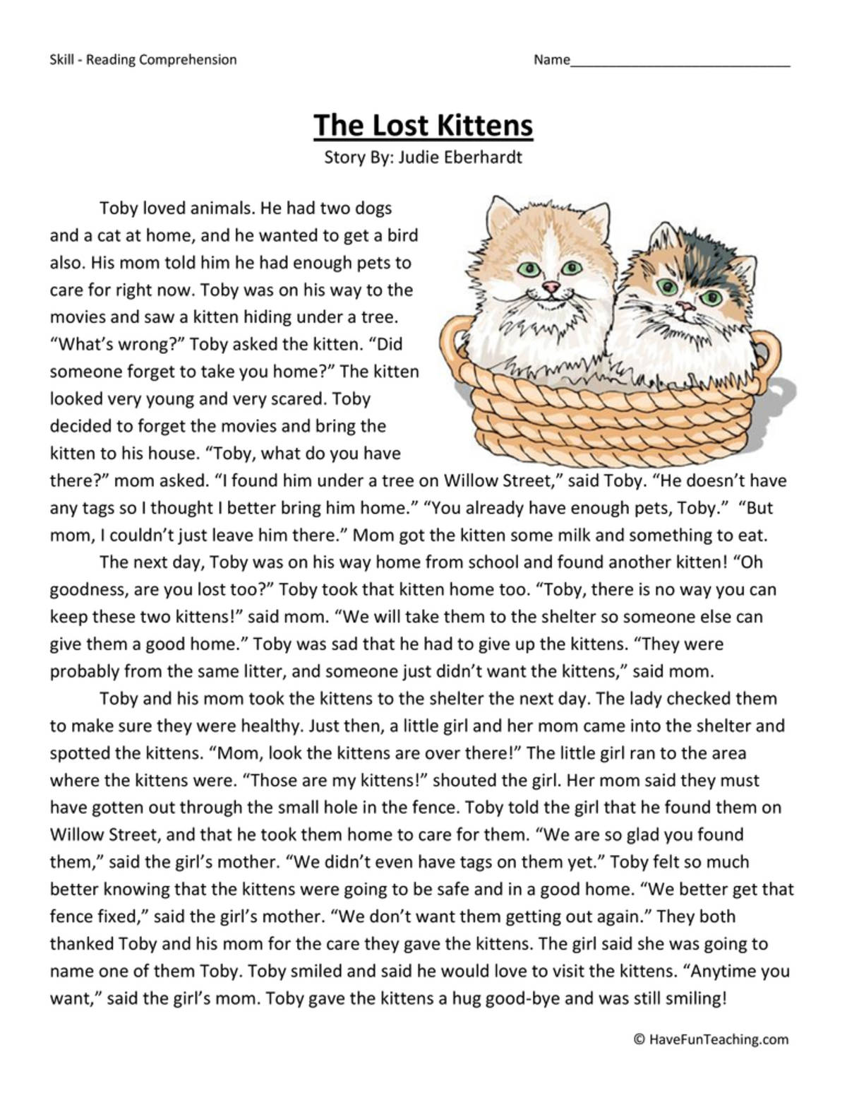 An educational teaching resource from Have Fun Teaching entitled The Lost Kittens Reading Comprehension Worksheet downloadable at Teach Simple.
