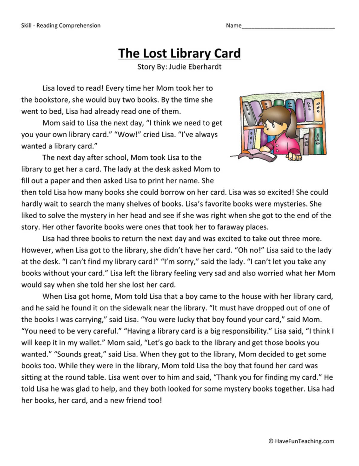 An educational teaching resource from Have Fun Teaching entitled The Lost Library Card Reading Comprehension Worksheet downloadable at Teach Simple.