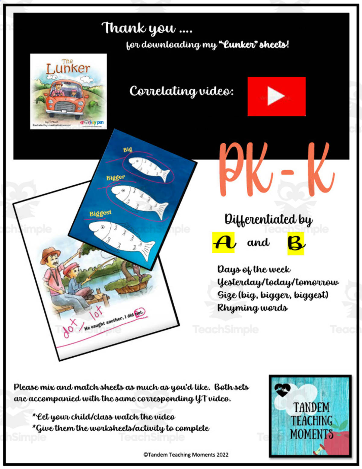 An educational teaching resource from Tandem Teaching Moments entitled "The Lunker" Worksheet Packet downloadable at Teach Simple.