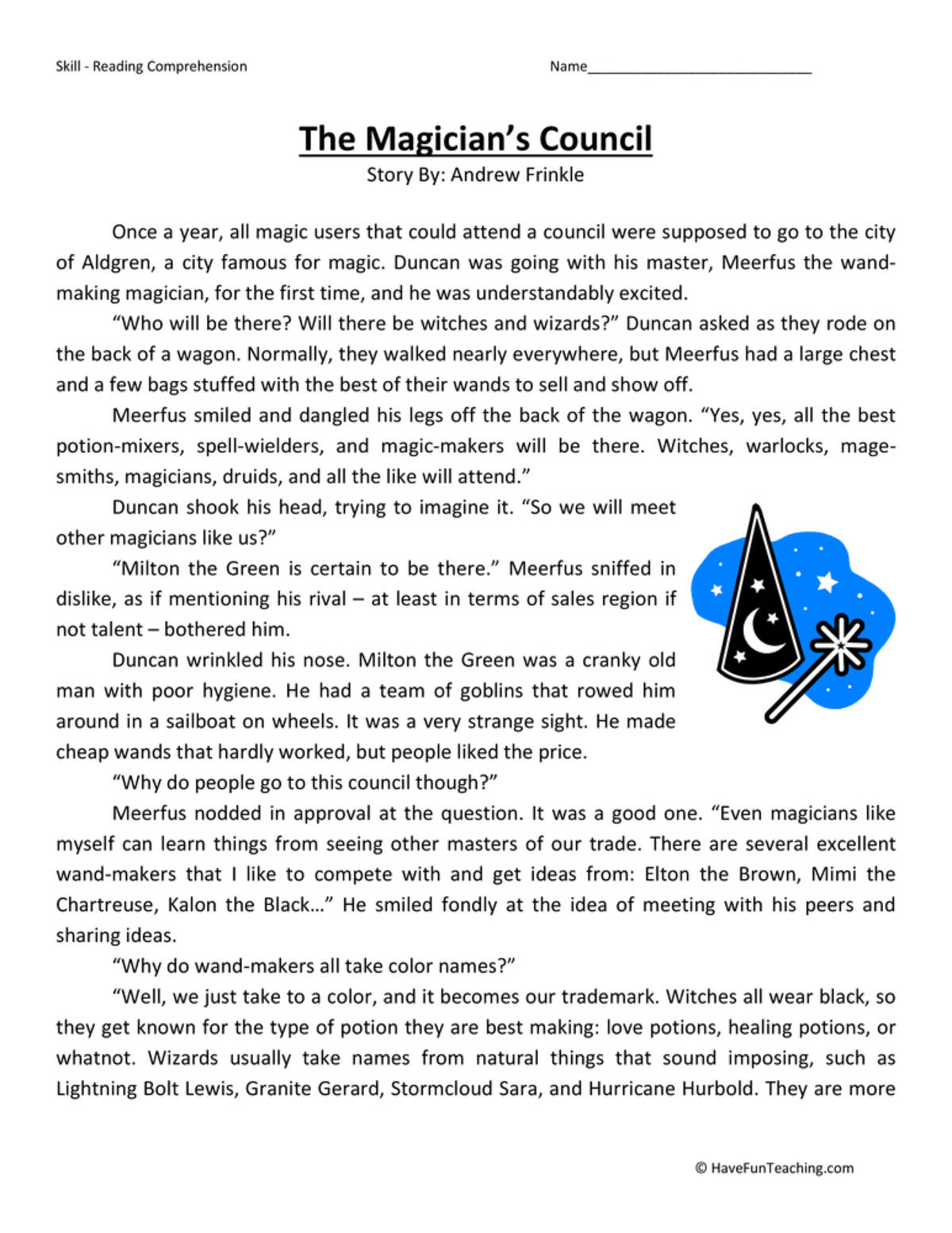 An educational teaching resource from Have Fun Teaching entitled The Magician's Council Reading Comprehension Worksheet downloadable at Teach Simple.