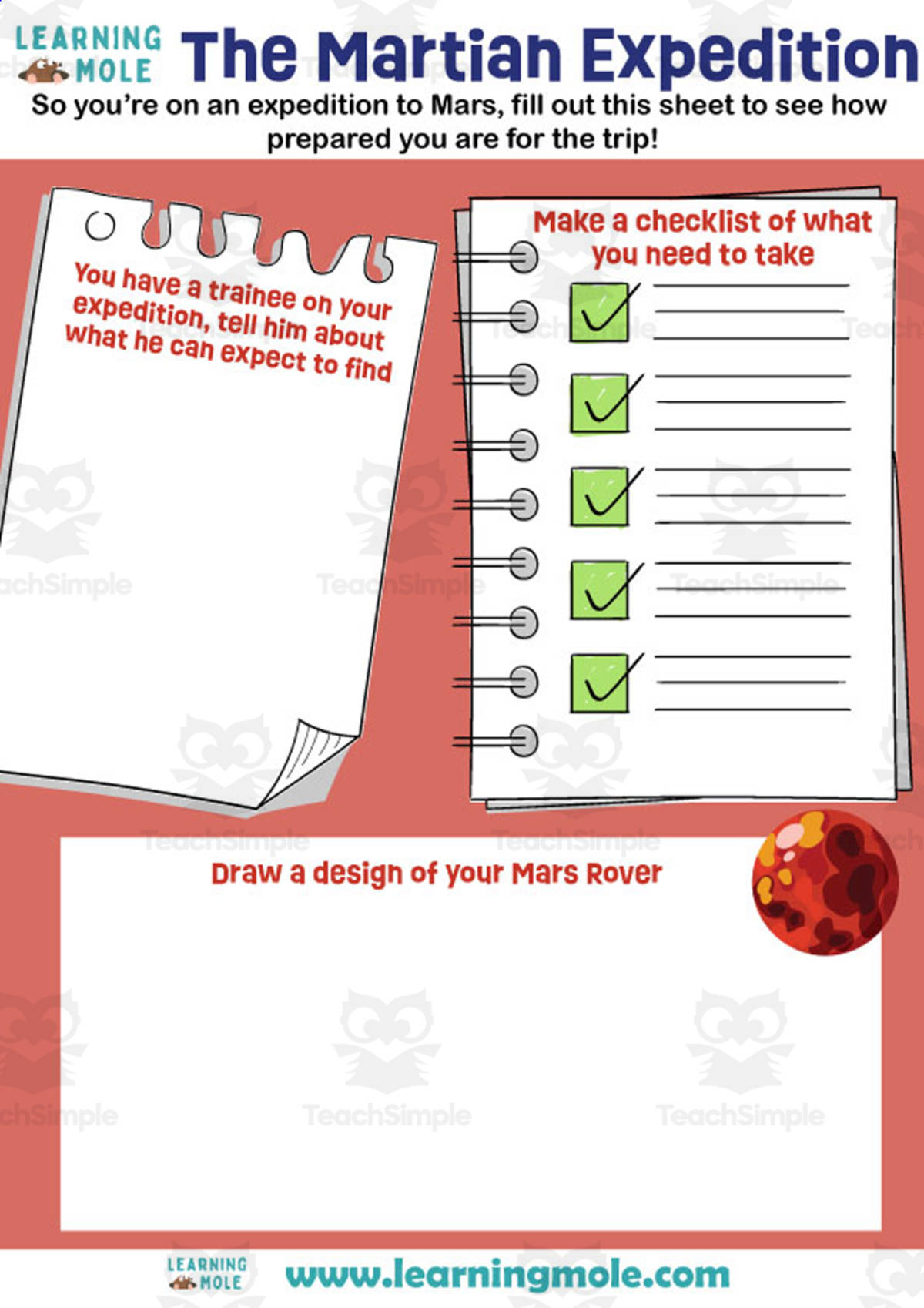 An educational teaching resource from Educational Voice entitled The Martian Expedition Activity downloadable at Teach Simple.