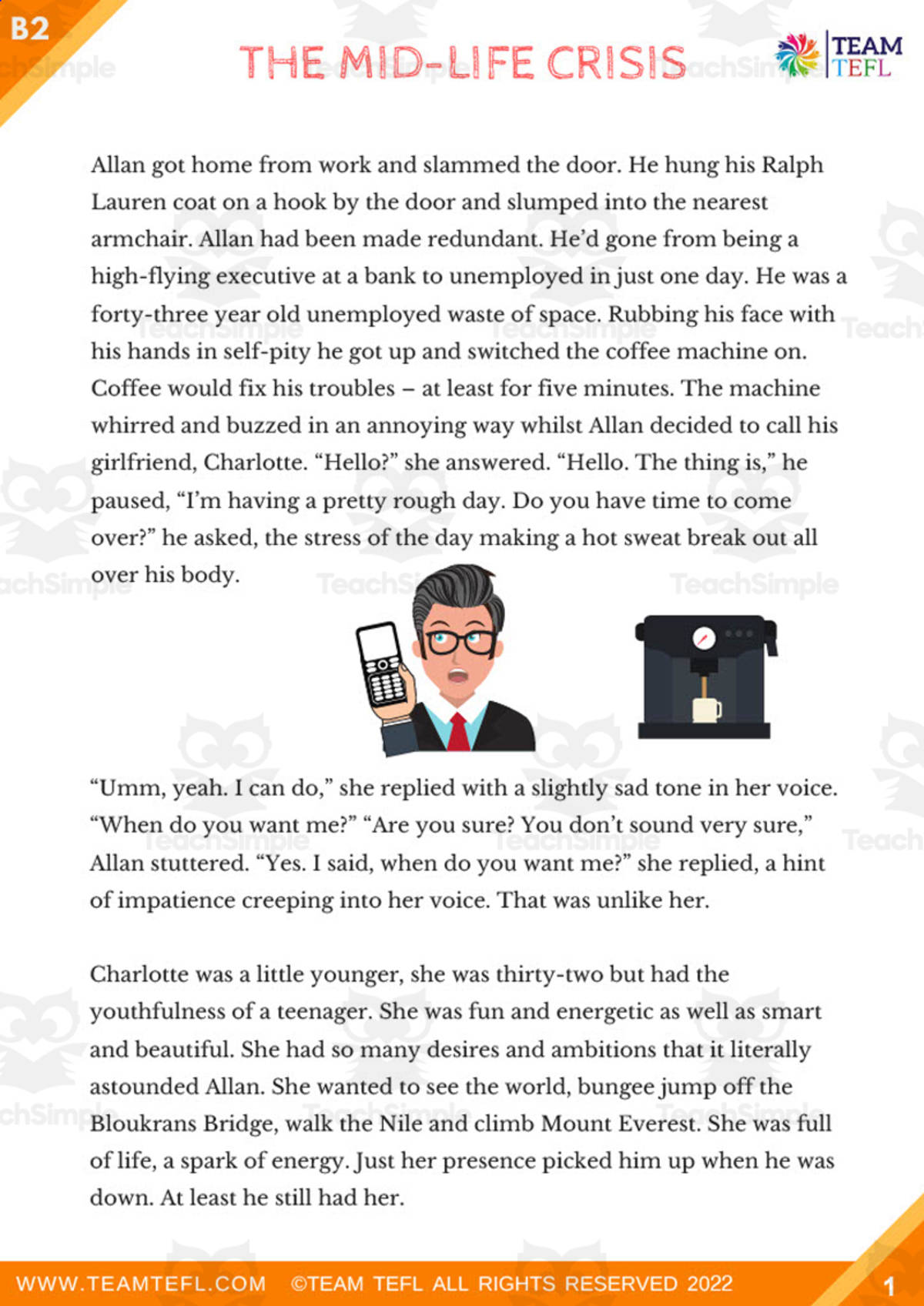 An educational teaching resource from TEAM TEFL entitled The Mid-Life Crisis Short Story | Upper Intermediate Lesson Plan downloadable at Teach Simple.