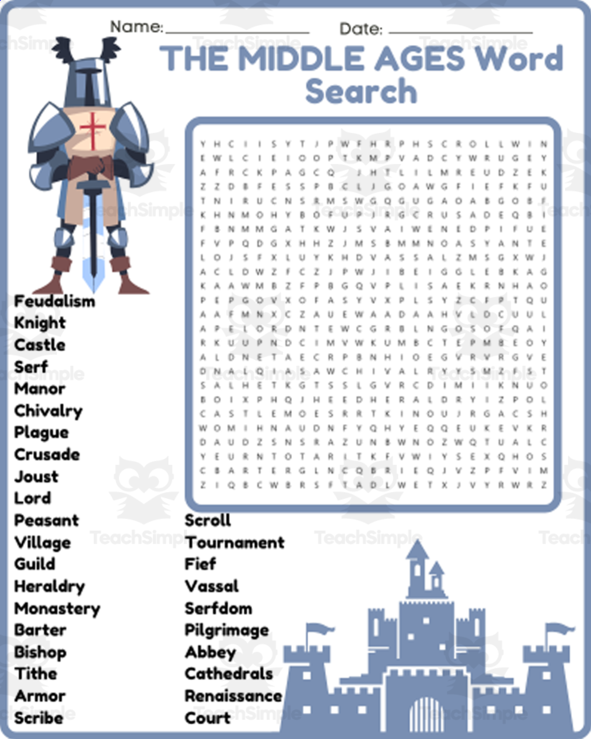 An educational teaching resource from space shope entitled THE MIDDLE AGES Word Search Puzzle Worksheet Activity - Europe downloadable at Teach Simple.