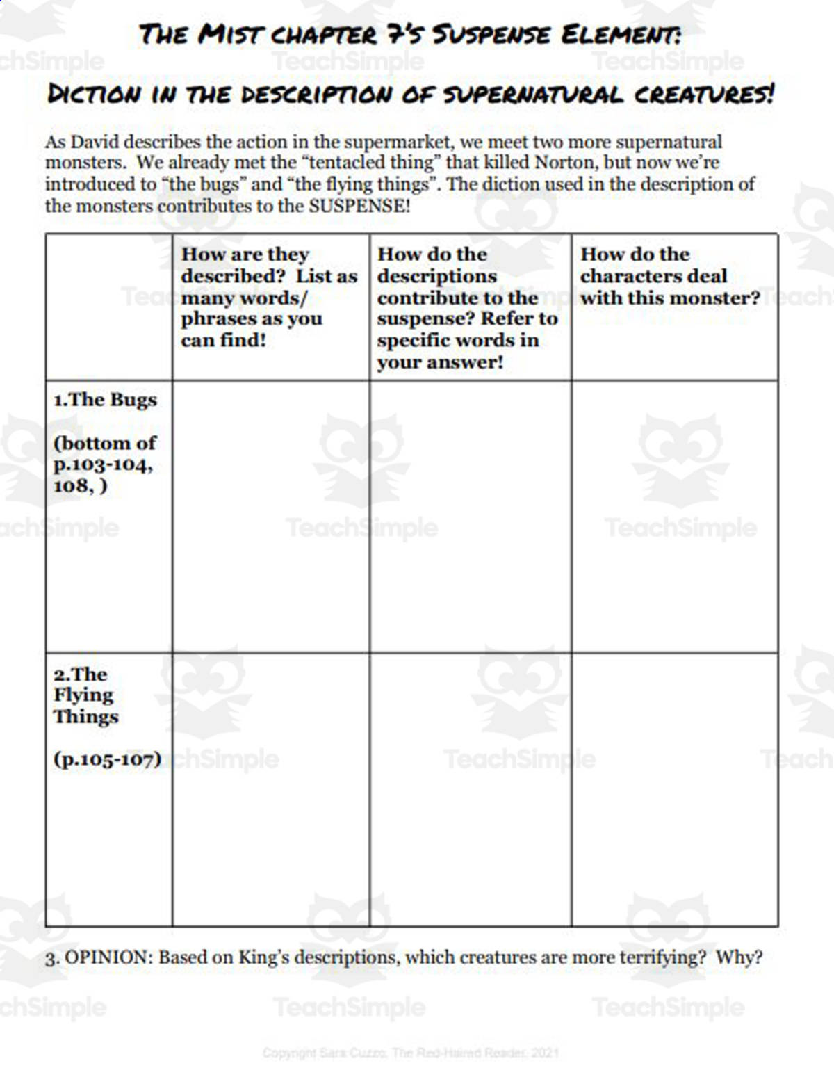 An educational teaching resource from The Red-Haired Reader entitled The Mist chapter 7 Suspense Element: Diction in the description of the creatures downloadable at Teach Simple.