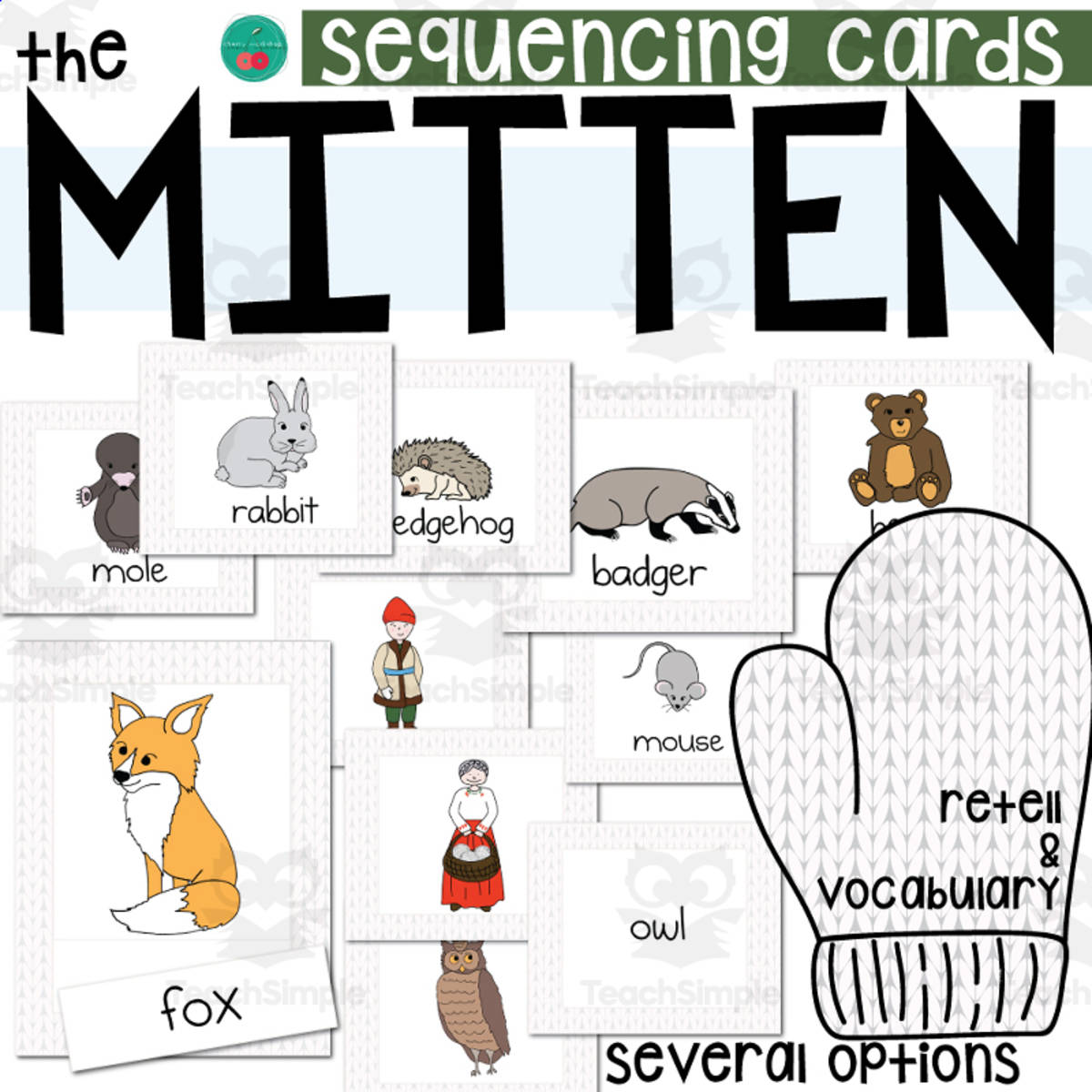 An educational teaching resource from Cherry Workshop entitled The Mitten Activities - Sequencing and Retelling Cards downloadable at Teach Simple.