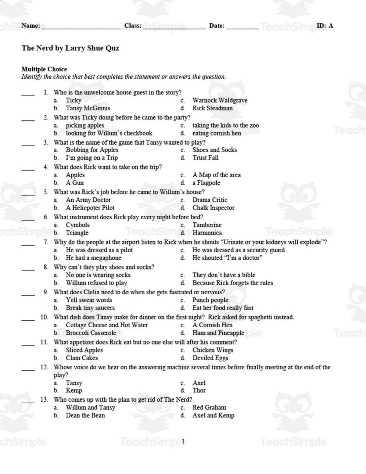 An educational teaching resource from DrDrew entitled The Nerd by Larry Shue Quiz | Multiple Versions downloadable at Teach Simple.