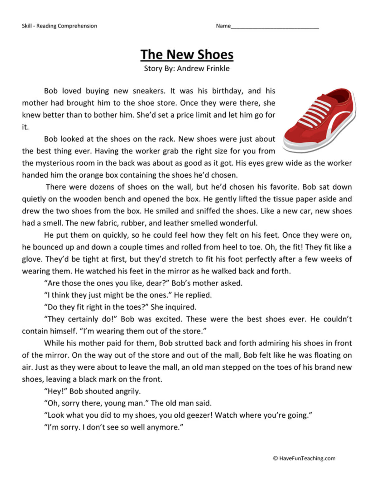 An educational teaching resource from Have Fun Teaching entitled The New Shoes Reading Comprehension Worksheet downloadable at Teach Simple.