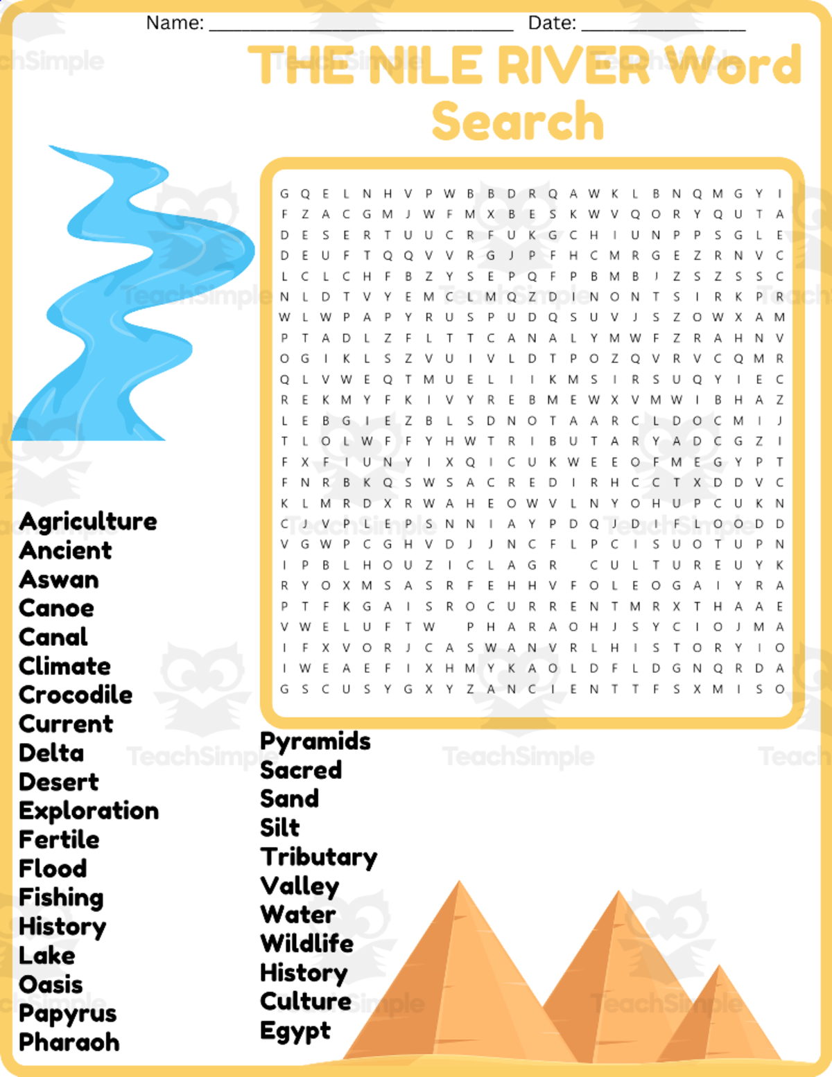 An educational teaching resource from space shope entitled THE NILE RIVER Word Search Puzzle Worksheet Activity downloadable at Teach Simple.