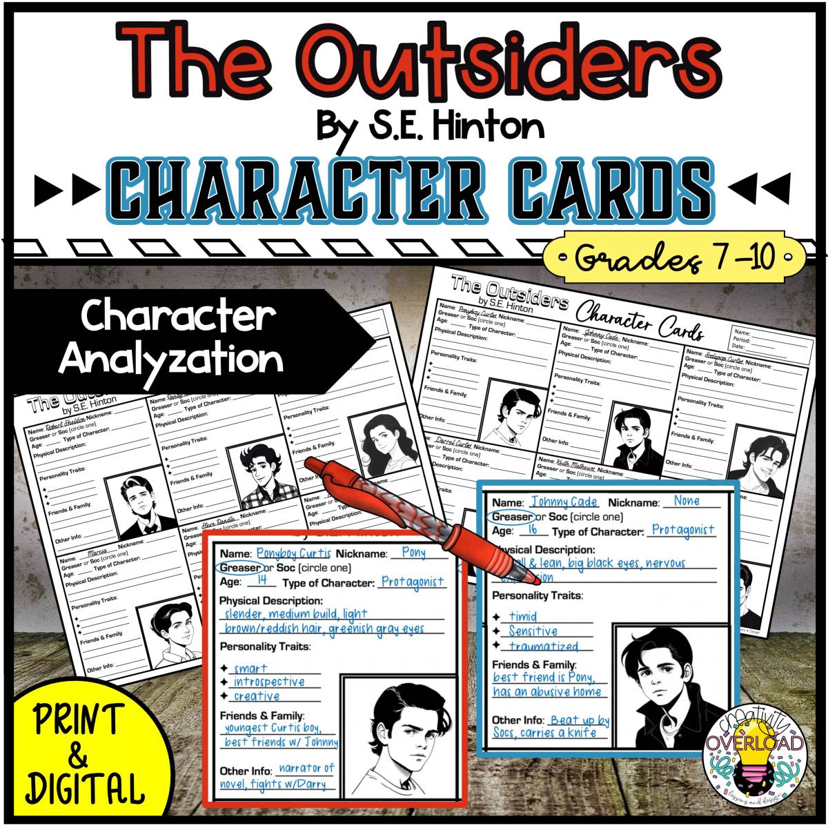 An educational teaching resource from Creativity Overload entitled The Outsiders Character Card Comprehension Activity downloadable at Teach Simple.