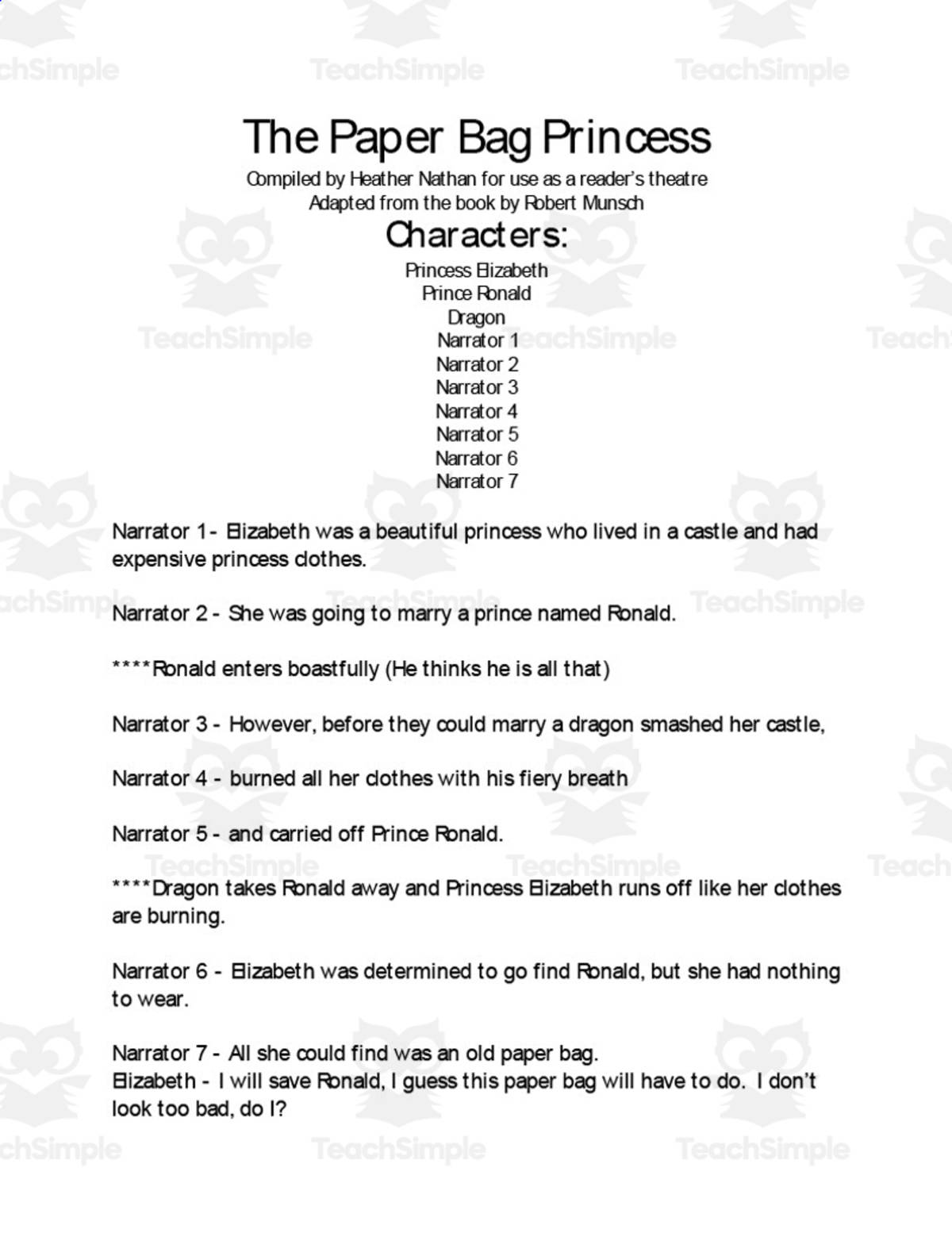 An educational teaching resource from O'Hoppy Day entitled The Paper Bag Princess Reader's Theatre downloadable at Teach Simple.