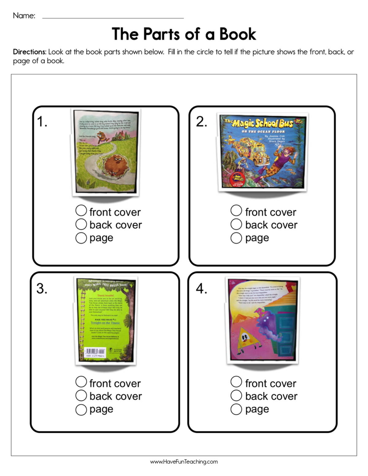 An educational teaching resource from Have Fun Teaching entitled Parts of a Book Worksheet – Grade 1 Reading downloadable at Teach Simple.