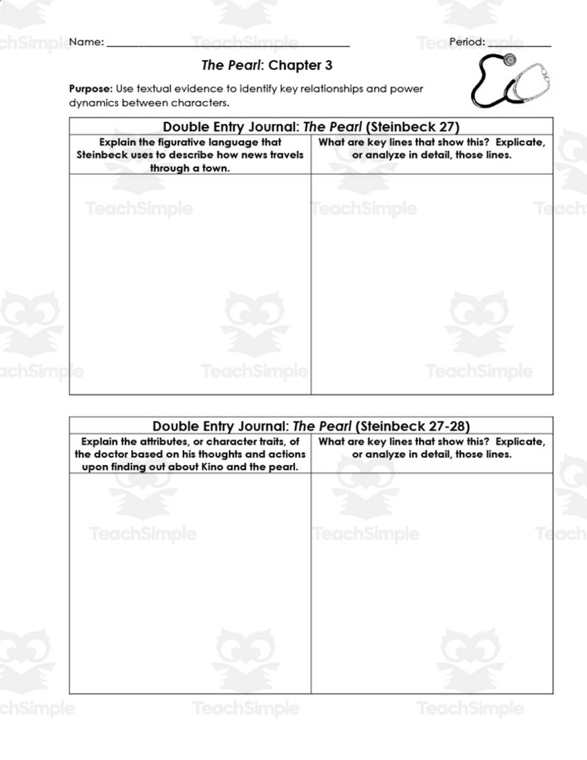 An educational teaching resource from ELA Resources entitled The Pearl Chapter 3 | Double Entry Journals downloadable at Teach Simple.