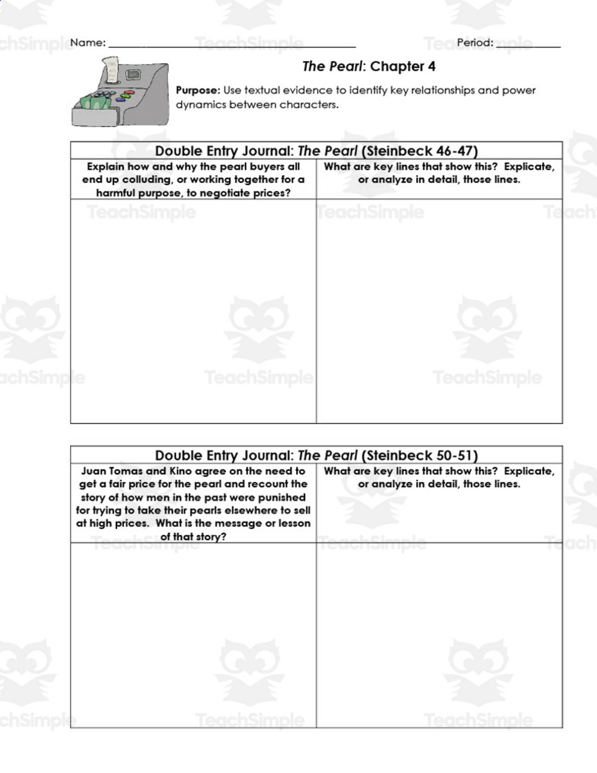An educational teaching resource from ELA Resources entitled The Pearl Chapter 4 | Double Entry Journals downloadable at Teach Simple.