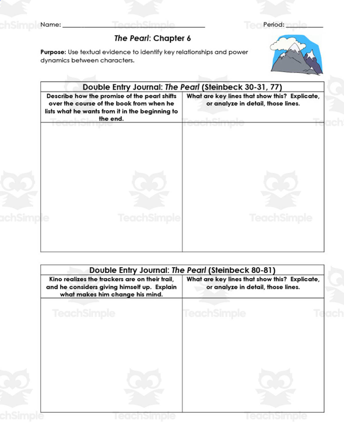 An educational teaching resource from ELA Resources entitled The Pearl Chapter 6 | Double Entry Journals downloadable at Teach Simple.